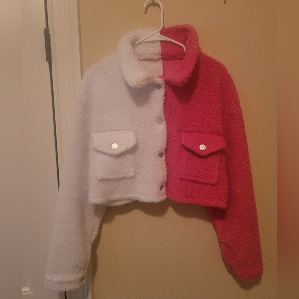 Shein Two-Tone Pink and White Fleece Coat Jacket